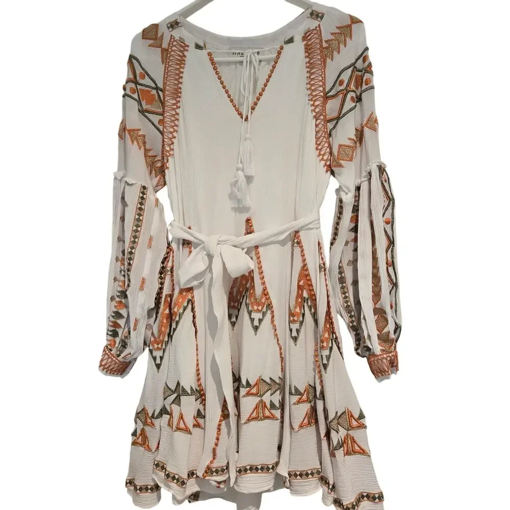 Hale Bob Ravin Embroidered Balloon Sleeve Aztez Tribal Print Mini Dress, Sz S - Picture 3 of 13